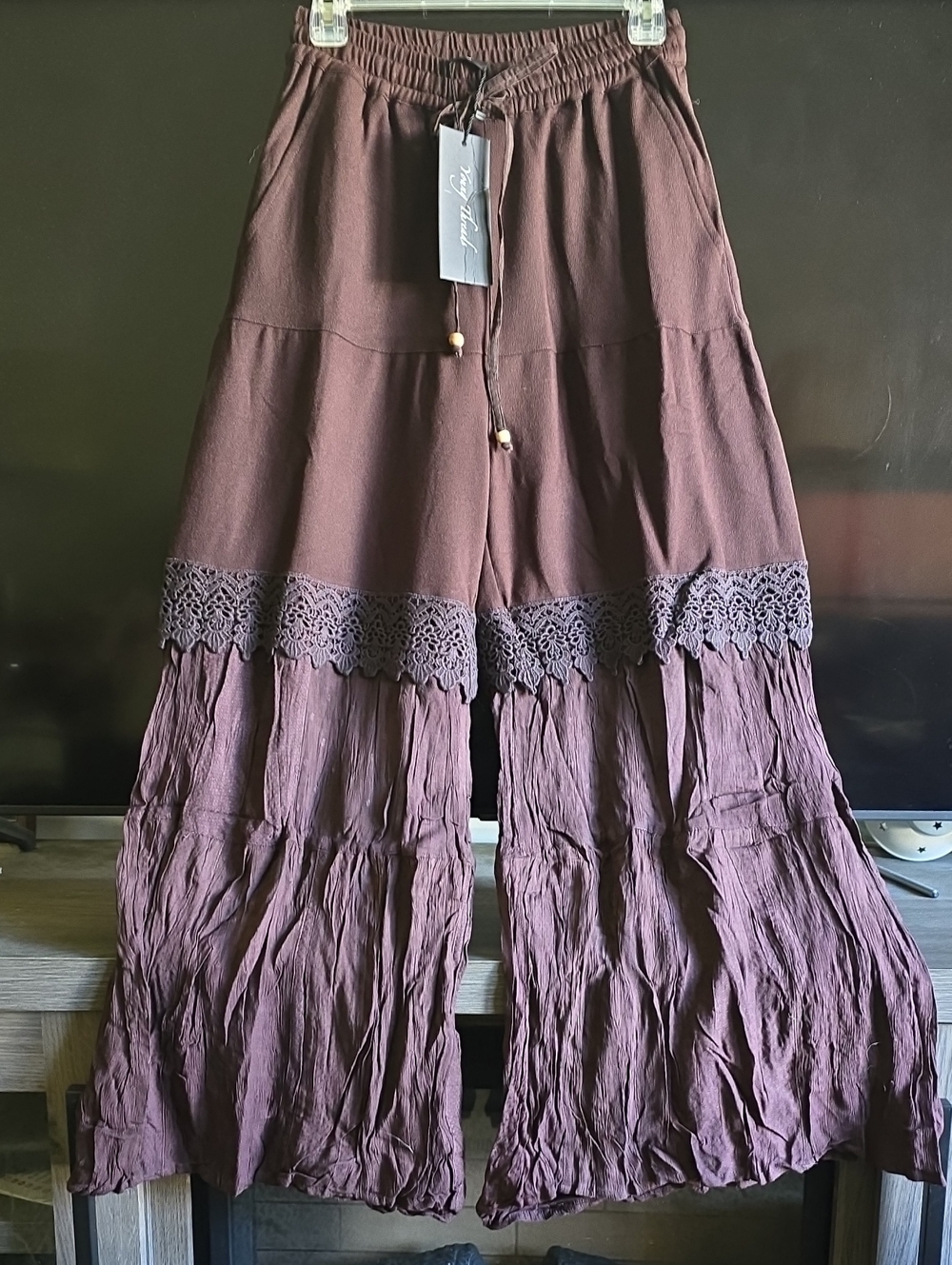 Young Threads Boho Tiered Crochet-Trim Pants in Deep Brown
